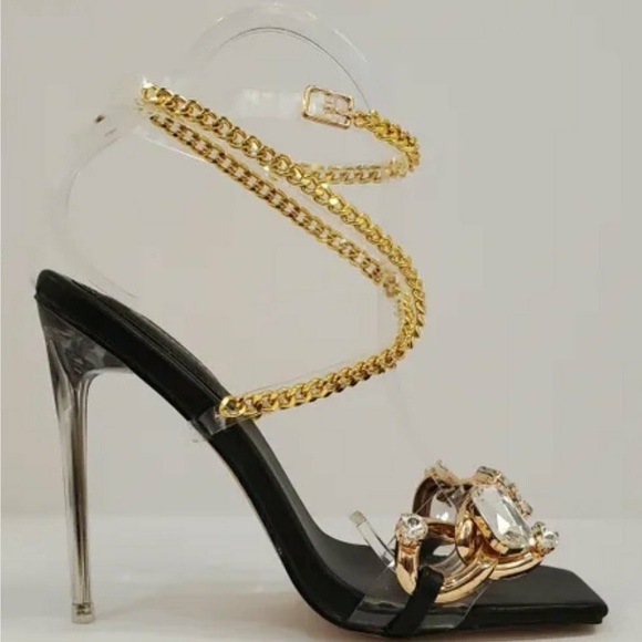 Black and gold open toe strap up high heel sandals with chunky clear jewels 💎 - Picture 5 of 7